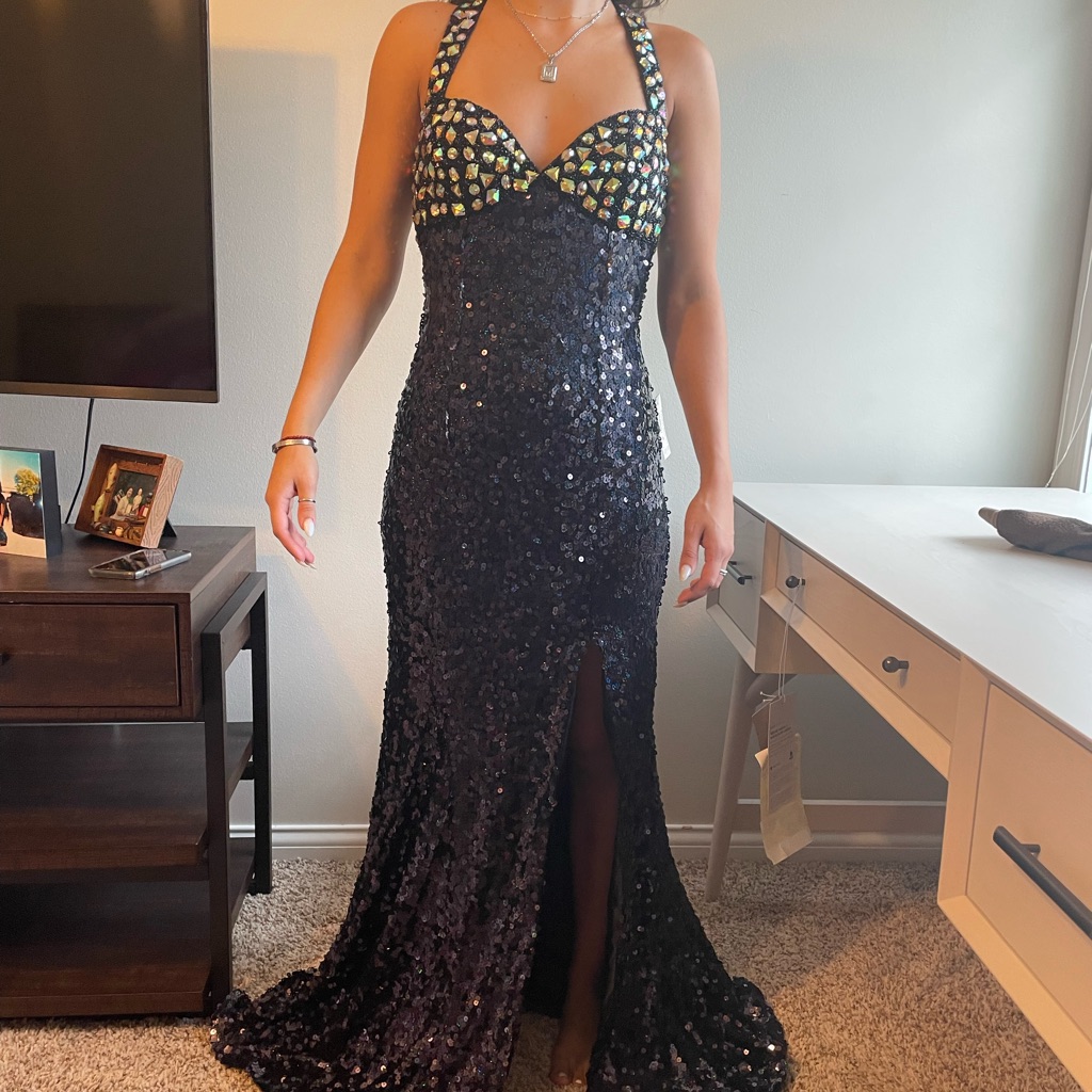 Panoply Long Black/Blue Sequin Gown With Leg Slit. Size 6. New With Tags.